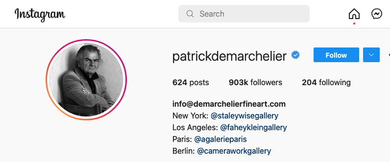 Screenshot of Patrick Demarchelier's Instagram page